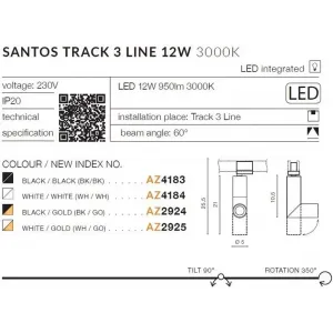 Трековий світильник Azzardo AZ4183 SANTOS TRACK 3LINE 12W 3000K BK/BK