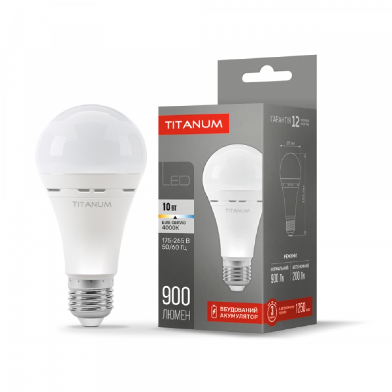 LED лампа акумуляторна TITANUM A68 10W E27 4000K 220V